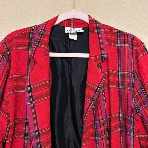 VTG Savvey Blazer Womens Medium Open Front Pockets  Red Plaid Rayon USA Academia - Picture 4 of 7